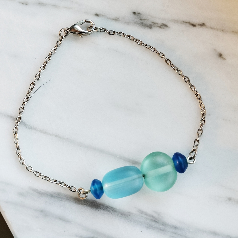 🌀Women's Handmade Green & Blue Sea Glass Silver Bracelet